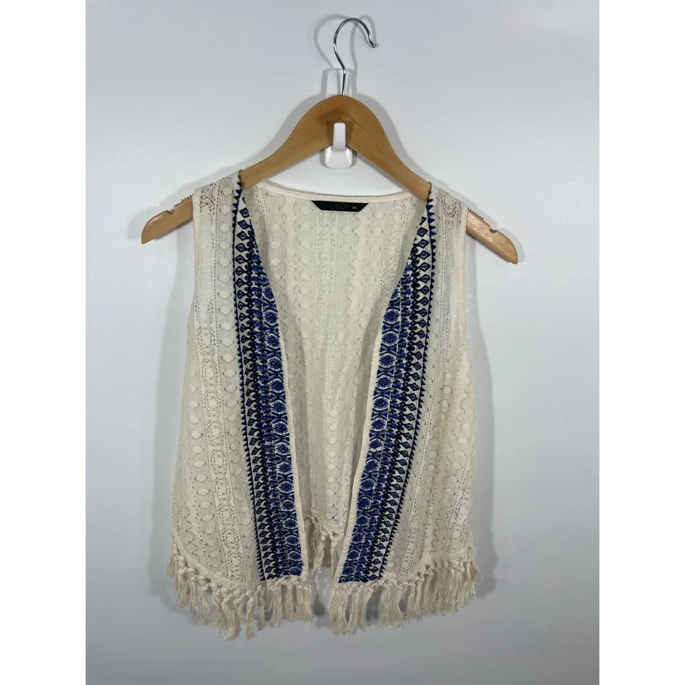 Womens Pointelle Knit Vest 6 Cream Fringe Western Boho Chic Rodeo Concert
